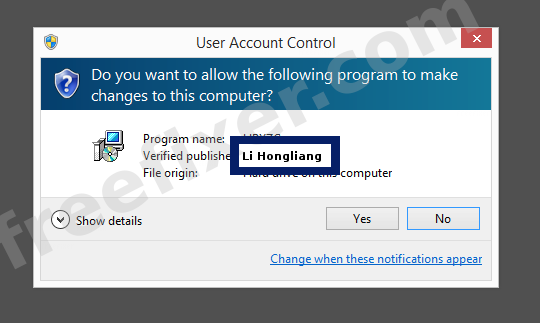 Screenshot where Li Hongliang appears as the verified publisher in the UAC dialog
